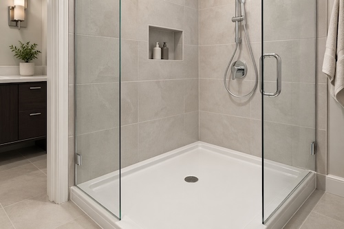 Acrylic base shower installation in Calgary with tiled wall surround, recessed niche, and clean modern finish