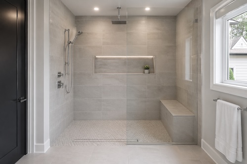 Custom shower tile installation in Calgary with curbless entry, built-in bench, wall niche, slip-resistant mosaic floor tile, and large-format wall tile