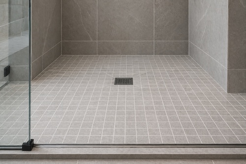 Finished shower floor tile installation in Calgary with slip-resistant mosaic tile, proper slope to drain, and clean grout lines